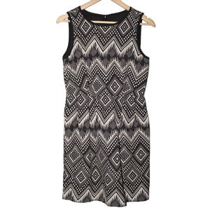 Women's J. Crew Diamond Ikat A1812 Black Cream Sleeveless Pocket Midi Dress Sz 4